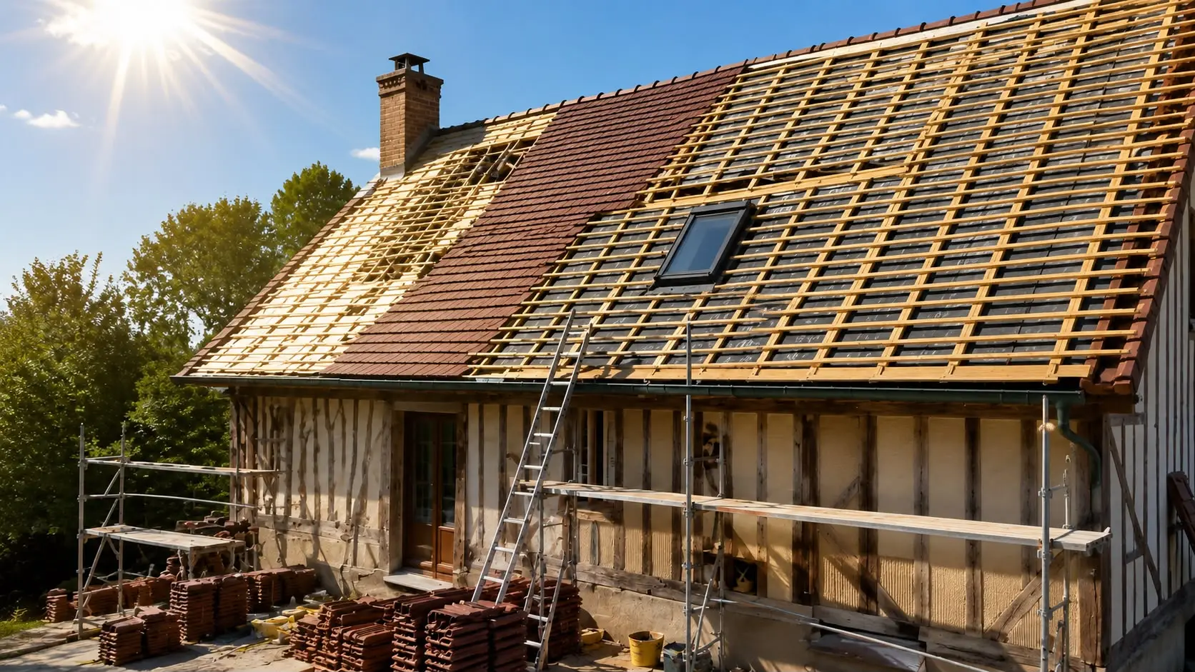 Chantier VF Couverture : réfection d'une toiture en tuiles, liteaux et fenêtre de toit posés, échafaudage en place